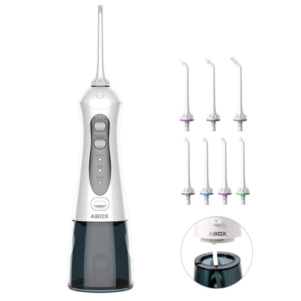 Image result for Water Flosser, ABOX Oral Irrigator with 7 360 Degree Adjustable Spinning Tips, 3 Modes, USB Rechargeable 200ml Waterproof Portable Dental Irrigator, 2 Minute Timer, Ideal for Family Dental Care Used at Home and Travel(FDA Approved)
