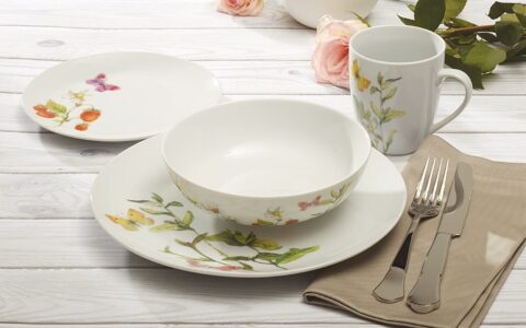 Safdie & Co. 白瓷带植物蝴蝶印花餐具16件套特卖！