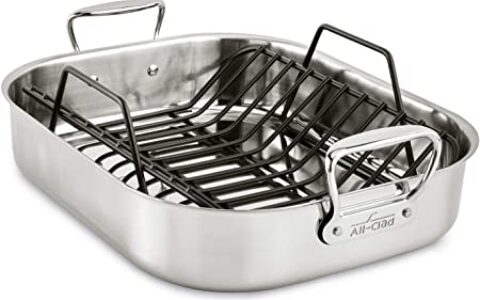高端厨具 All-Clad 不锈钢大烤盘带烤架套装特卖+包邮！13×16英寸，可容纳20磅火鸡