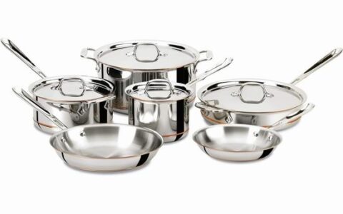 顶级锅具品牌 All-Clad 铜芯5层不锈钢锅具10件套特卖+包邮！烤箱600度安全